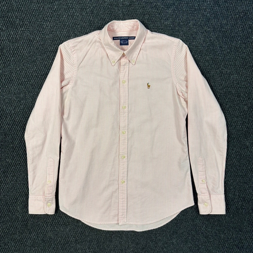 Vintage Ralph Lauren Sport Oxford Shirt Kids 6 Pink Striped Slim Fit Long Sleeve